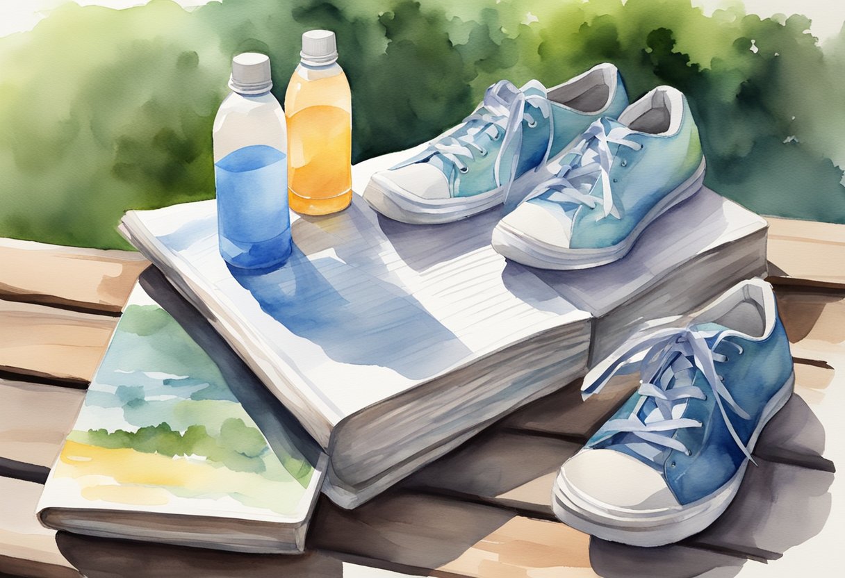 A pair of running shoes, a water bottle, and a beginner's guide book laid out on a park bench, with a serene running trail in the background