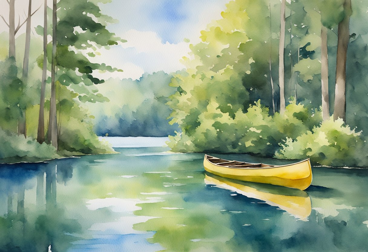 A serene lake surrounded by lush green trees, with a colorful canoe floating on the calm water. A clear blue sky with a few fluffy white clouds overhead