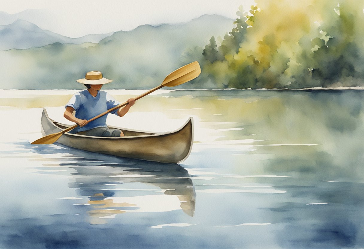 A person paddling a canoe on calm water, demonstrating proper technique with a focus on body positioning, paddle angle, and smooth strokes