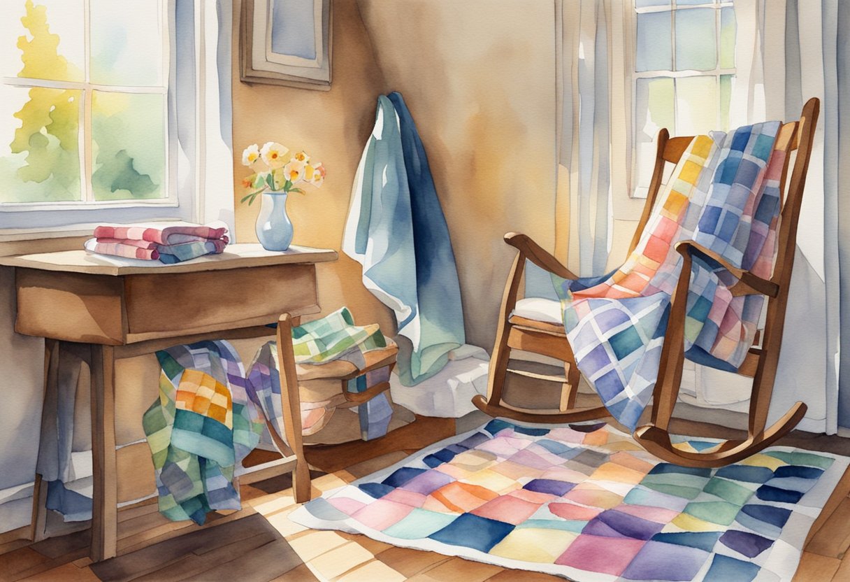 A cozy, sunlit room with a colorful quilt draped over a wooden rocking chair. A stack of fabric, scissors, and a sewing machine sit nearby