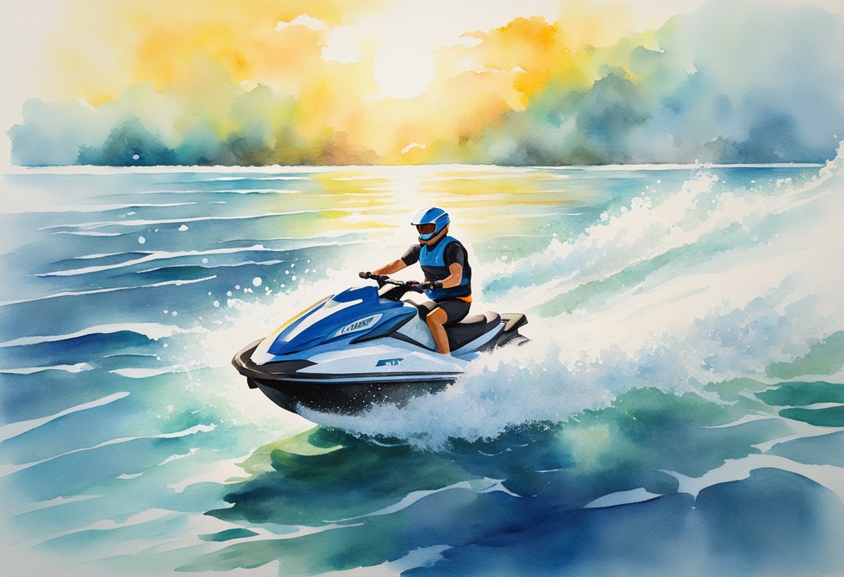 A jet ski glides across the sparkling water, leaving behind a foamy wake. The sun is shining, and the rider is enjoying the thrill of the open sea