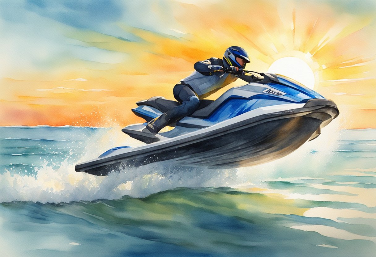 A jet ski gliding across the sparkling water, with the sun setting in the background and a sense of excitement and freedom in the air