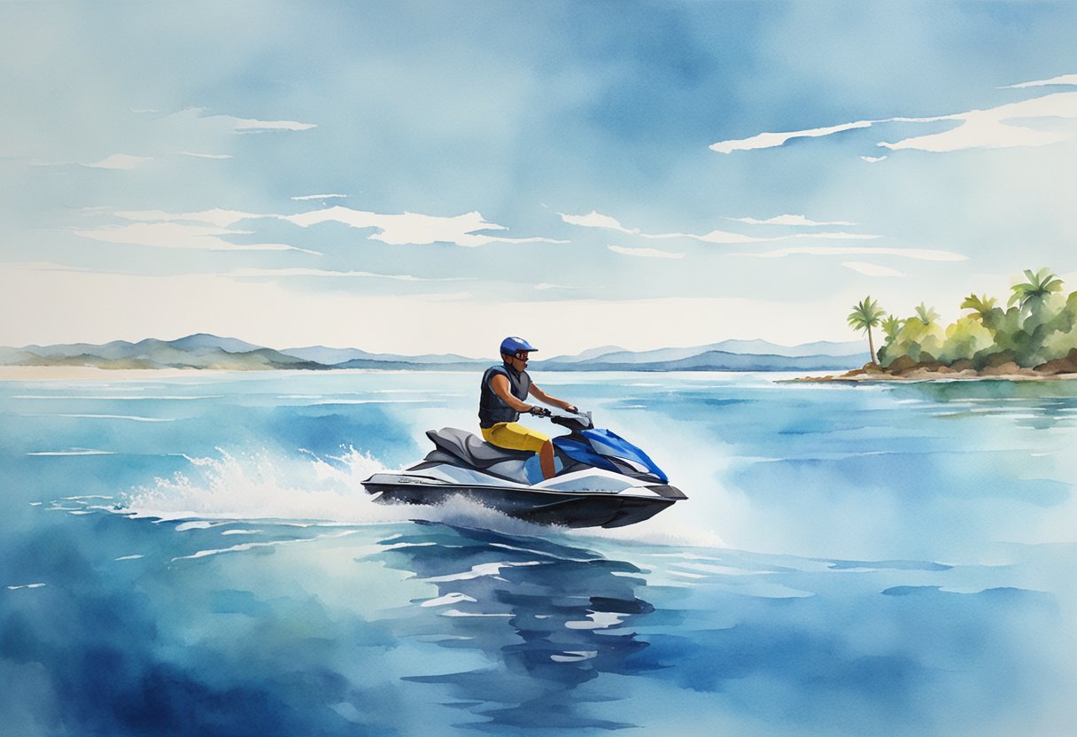 A person riding a jet ski on calm, blue waters with a clear sky and distant shoreline