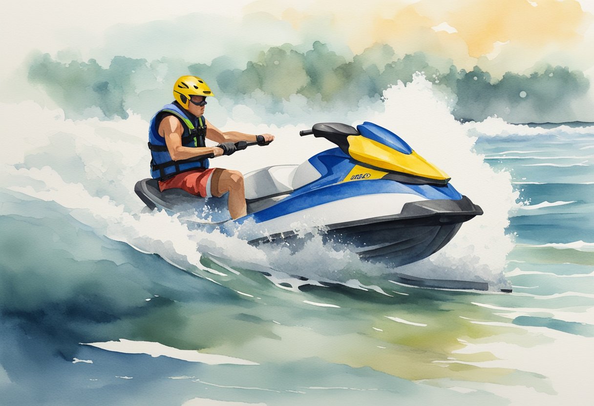 A jet ski rider navigating rough waters while wearing a life jacket, with a lifeguard standing by on the shore