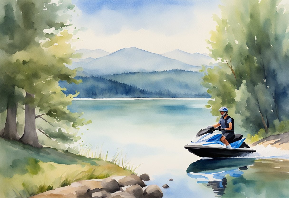 A calm lake with a bright blue sky, a beginner on a jet ski, surrounded by rolling hills and trees in the distance