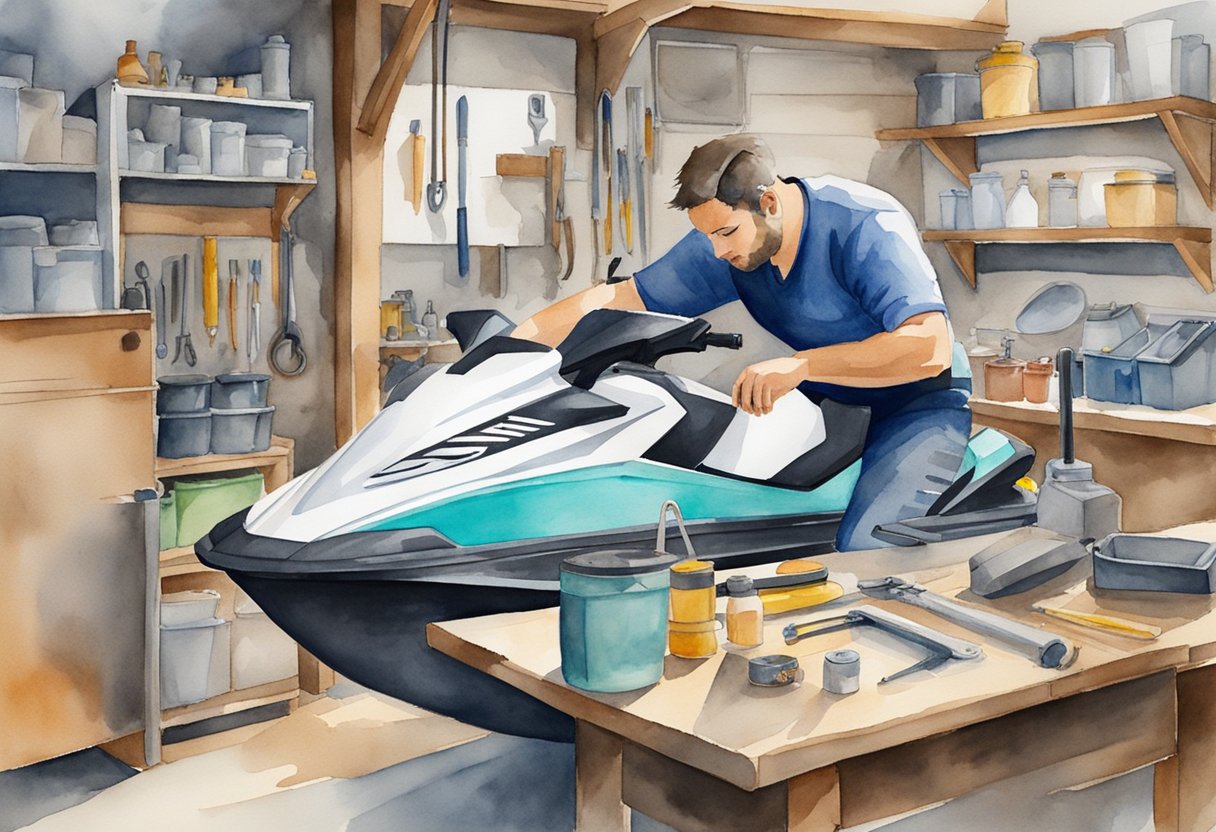 A person in a garage, surrounded by tools and equipment, working on a jet ski with a manual open on a workbench