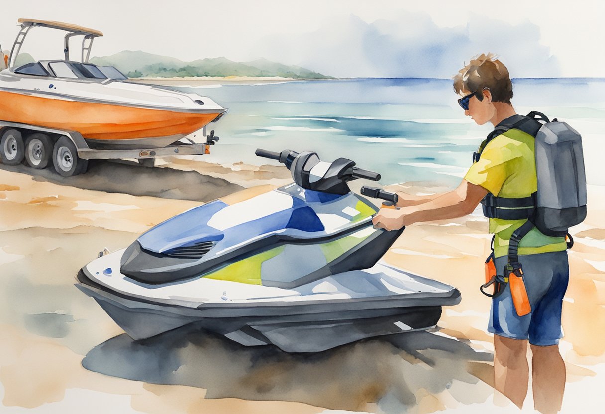 A person setting up a jet ski on a trailer, with life jacket, fuel can, and other gear nearby