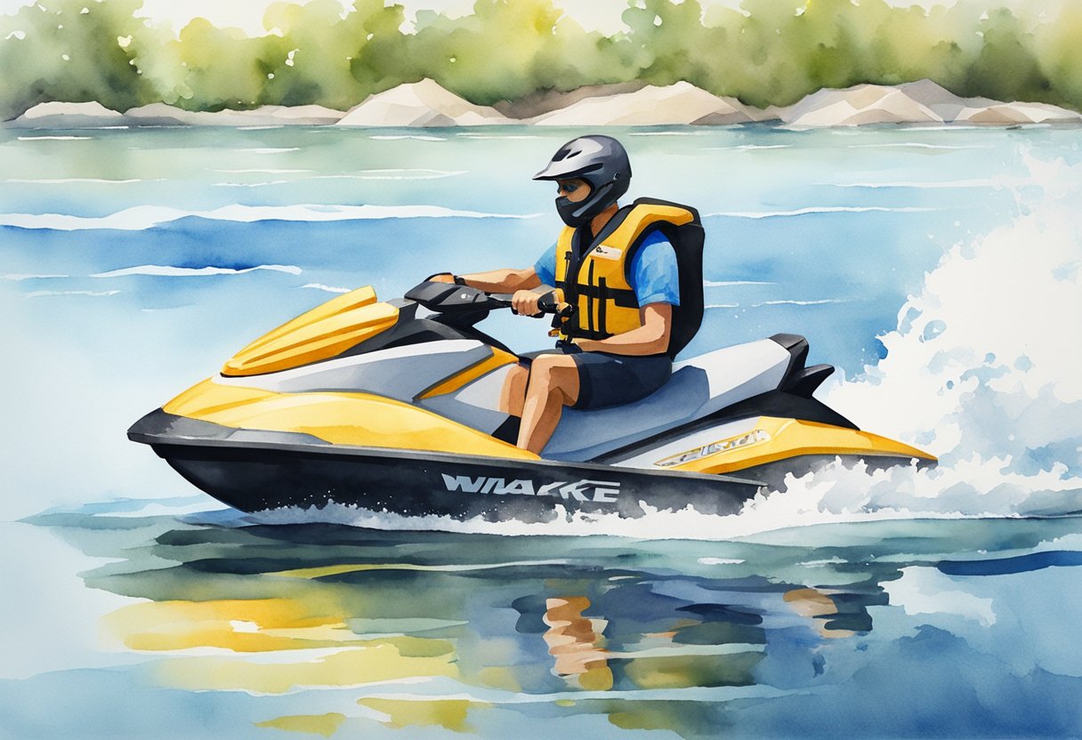 A person riding a jet ski on calm water, wearing a life jacket and following safety regulations. A buoy and a "no wake" sign are visible in the background