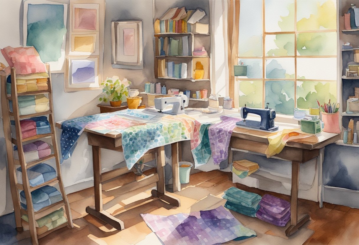 A cozy, sunlit room with a cluttered work table, piles of colorful fabric, and a sewing machine, with a finished quilt hanging on the wall