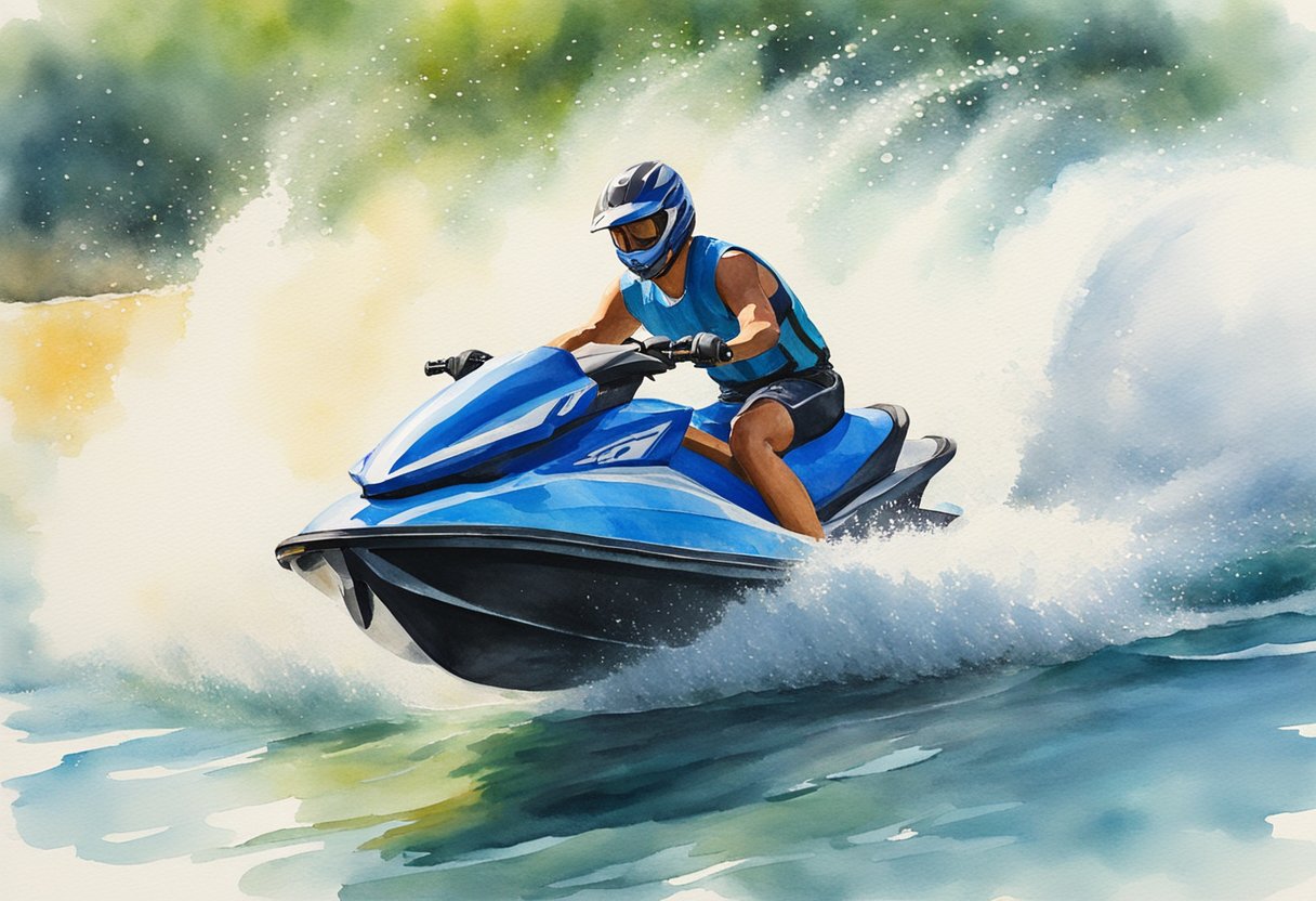 A jet ski cutting through the water, leaning into a sharp turn with the spray of water behind it