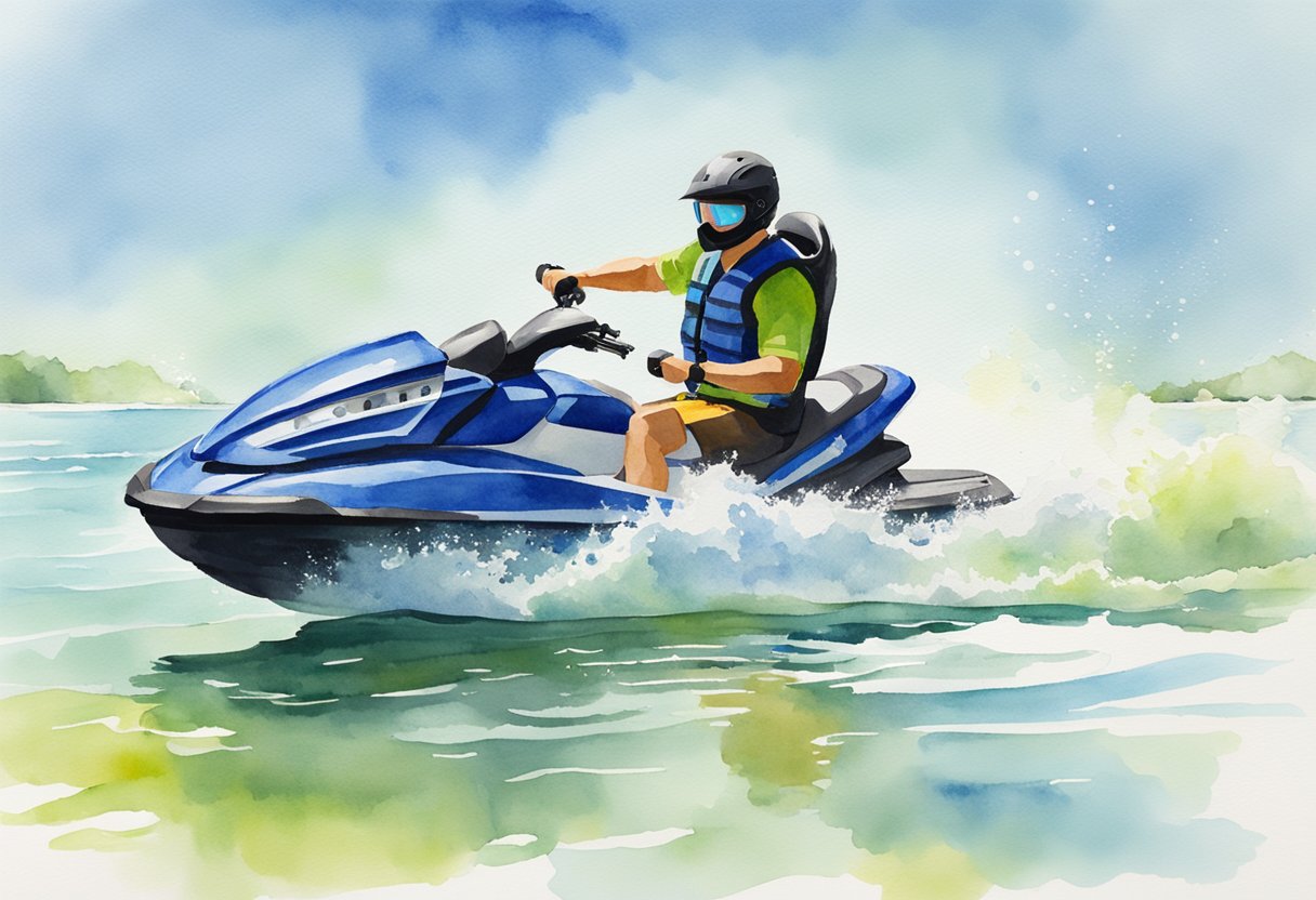 A person on a jet ski, surrounded by calm water and clear skies, with a guidebook open on the seat next to them