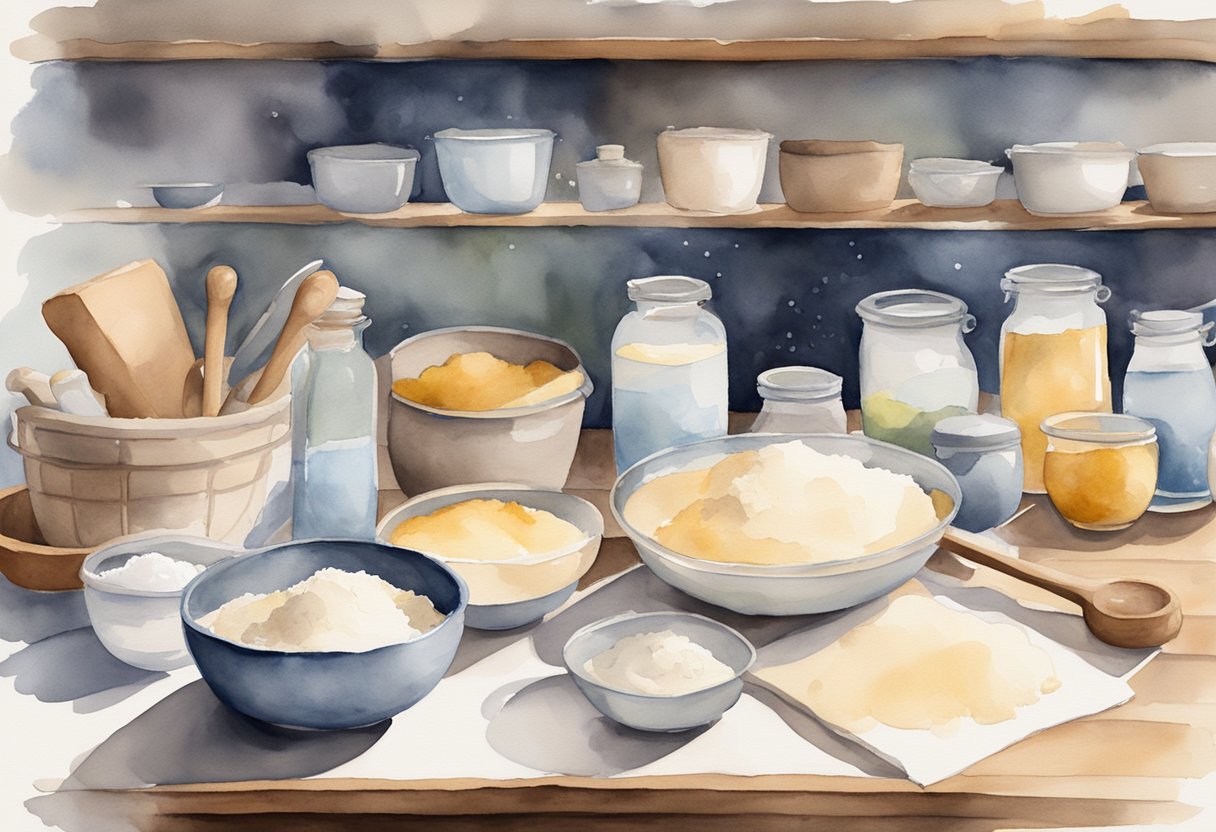 A cluttered kitchen counter with flour, a rolling pin, mixing bowls, and a recipe book open to a page on dough making