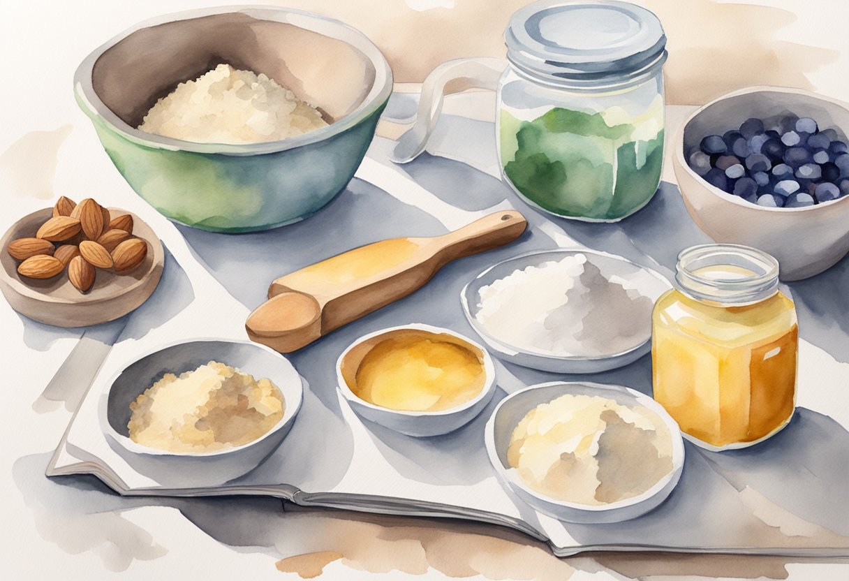 A kitchen counter with various alternative ingredients for baking, such as almond flour, coconut oil, and gluten-free flour, laid out next to a beginner's baking guide book