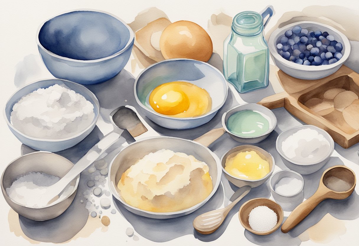 A kitchen counter with various baking ingredients and tools laid out, including flour, sugar, eggs, measuring cups, mixing bowls, and a recipe book open to a page on basic baking techniques