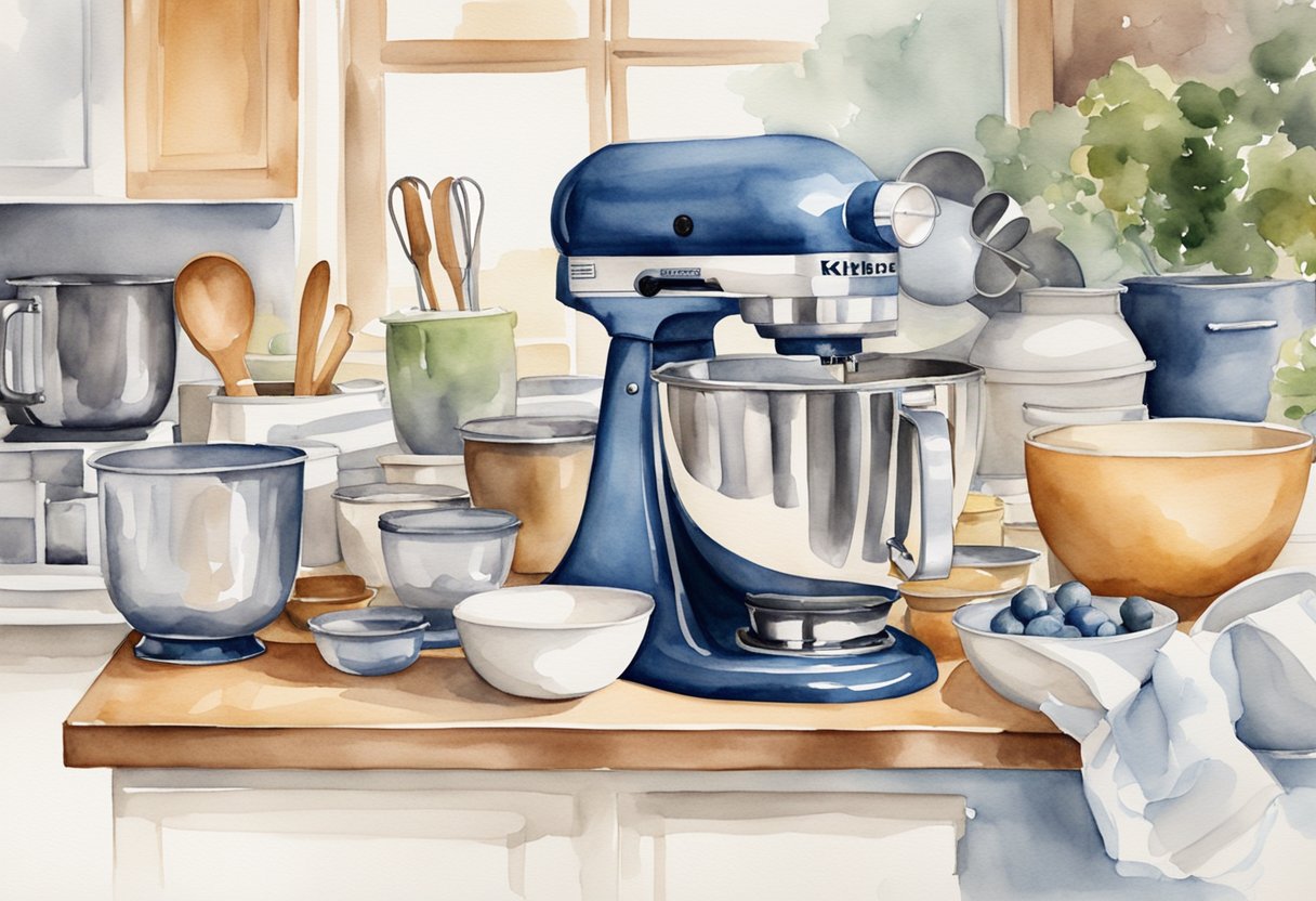 A kitchen counter with a stand mixer, mixing bowls, measuring cups, and various utensils arranged neatly for baking