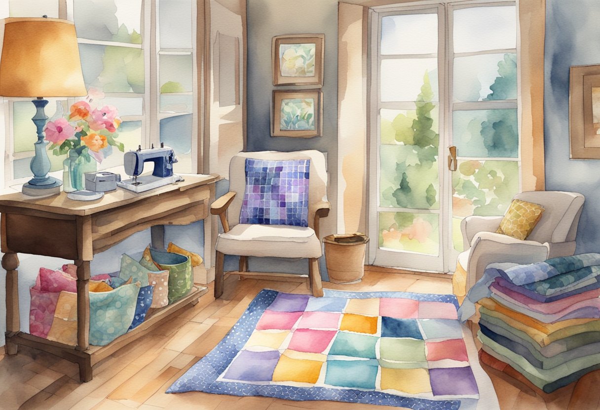 A cozy, well-lit room with a comfortable armchair and a wooden quilting frame holding a colorful, intricate quilt in progress. A stack of fabric squares and a sewing machine sit nearby