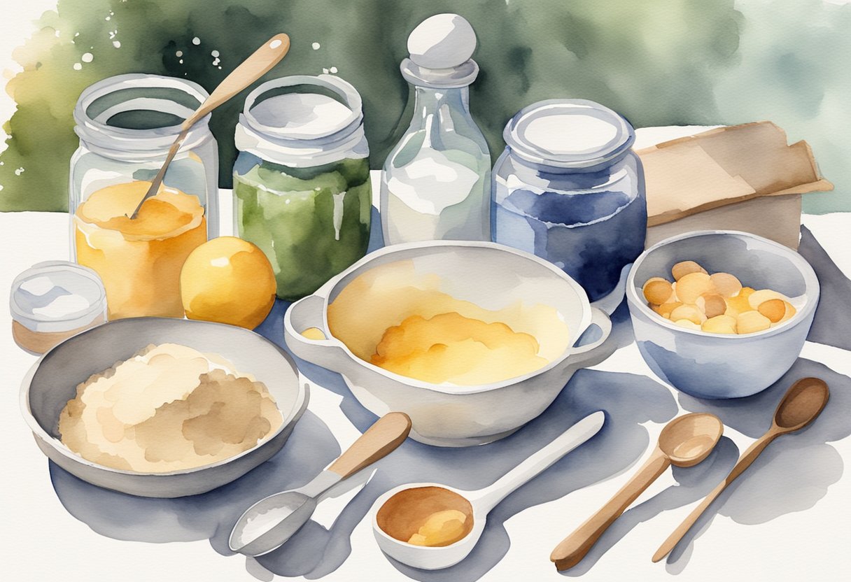 A kitchen counter with various baking ingredients, mixing bowls, utensils, and a recipe book open to a beginner's guide to baking