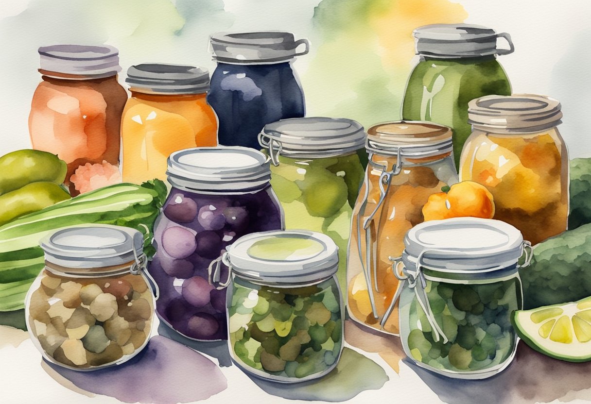 A kitchen counter with various jars, fresh produce, and pickling spices laid out for beginners to start their pickling hobby