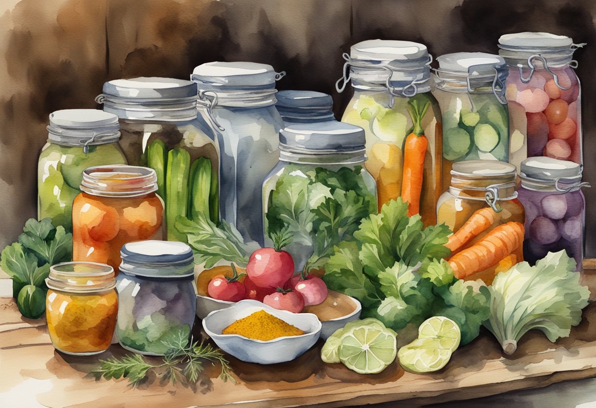 A colorful array of fresh vegetables and jars of brine sit on a rustic wooden table, surrounded by various pickling spices and herbs