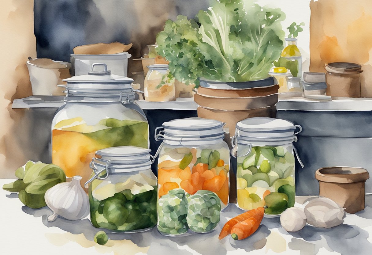 A cluttered kitchen counter filled with jars, fresh vegetables, and various pickling ingredients. A pot of boiling brine steams on the stove, while a pair of tongs and a funnel sit nearby