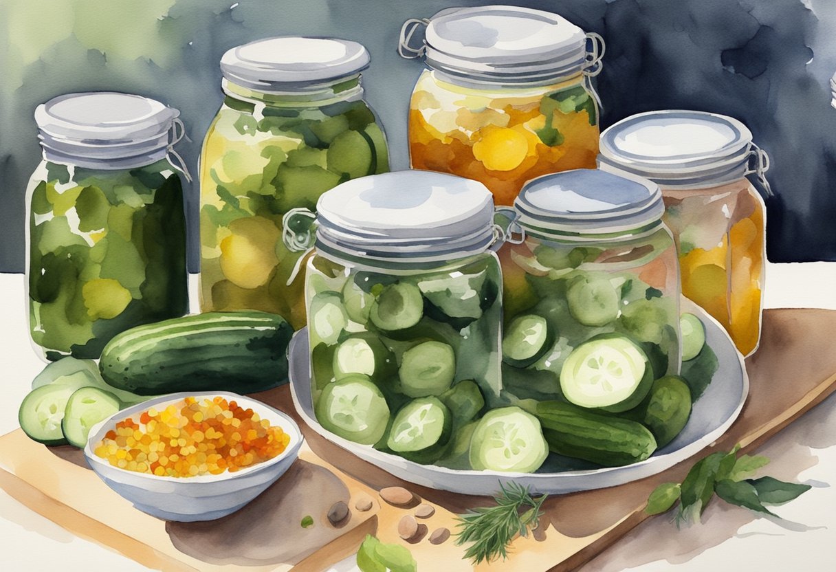 A kitchen counter with various jars of pickles, colorful spices, and fresh herbs scattered around. A cutting board with cucumbers and a bowl of brine sit nearby