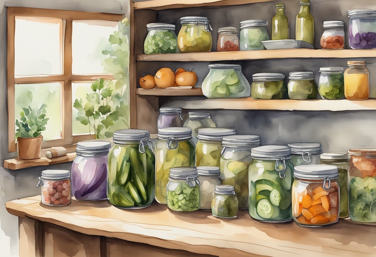 A rustic kitchen with shelves lined with jars of pickled vegetables, a wooden table with cucumbers and spices, and a book titled "Preservation and Storage Techniques Beginner's Guide to Pickling as a Hobby" open to a page with instructions