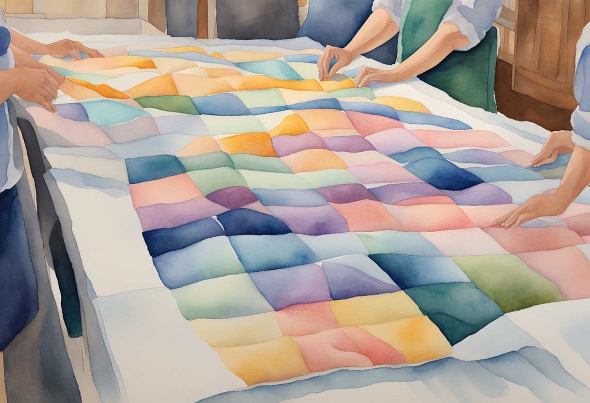 A person lays out fabric and batting, then bastes the layers together before quilting