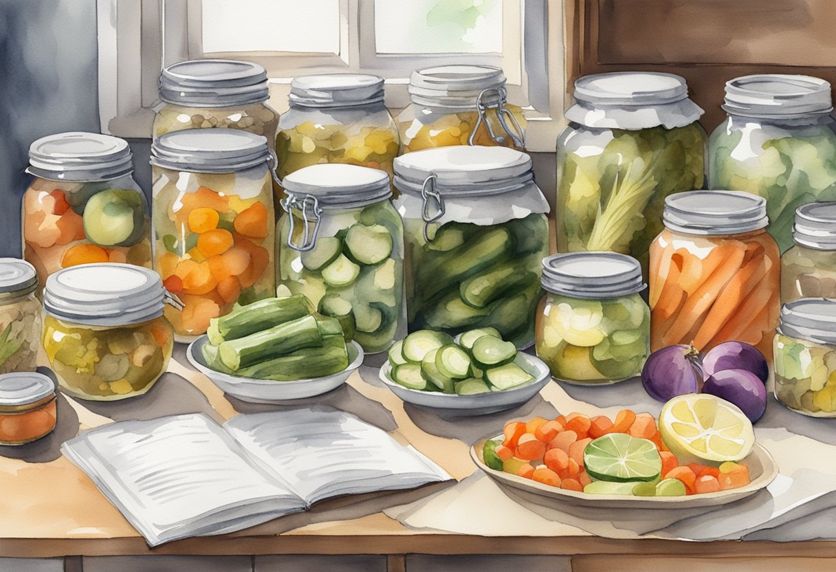 A cluttered kitchen counter with jars of pickled vegetables, various spices, and a pickling recipe book open to a page titled "Advanced Pickling Tips and Tricks."