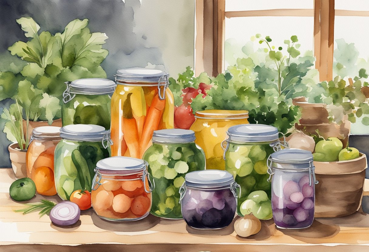 Various jars of pickled vegetables and fruits, along with fermentation crocks, sit on a wooden table surrounded by fresh produce and herbs. A beginner's guide book on pickling is open nearby