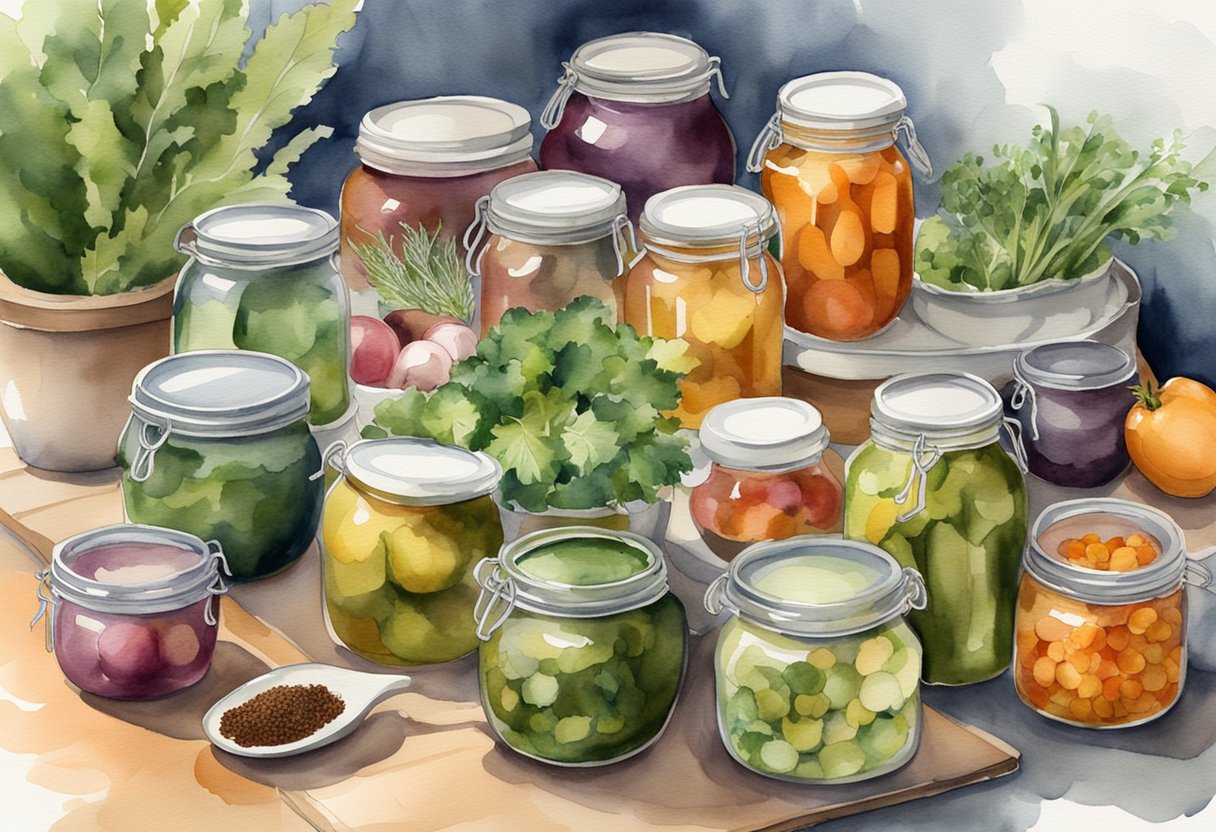 A table with various jars of pickled vegetables, surrounded by fresh produce, herbs, and spices. A book on pickling basics is open nearby