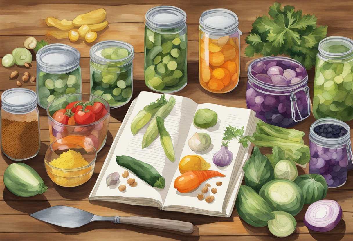 A colorful array of fresh vegetables, jars, and pickling spices laid out on a wooden table, with a beginner's guide book open to a page on pickling techniques