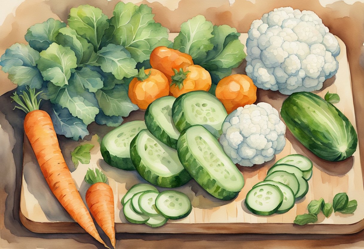 A variety of fresh vegetables, such as cucumbers, carrots, and cauliflower, are being washed and chopped on a clean cutting board in preparation for pickling