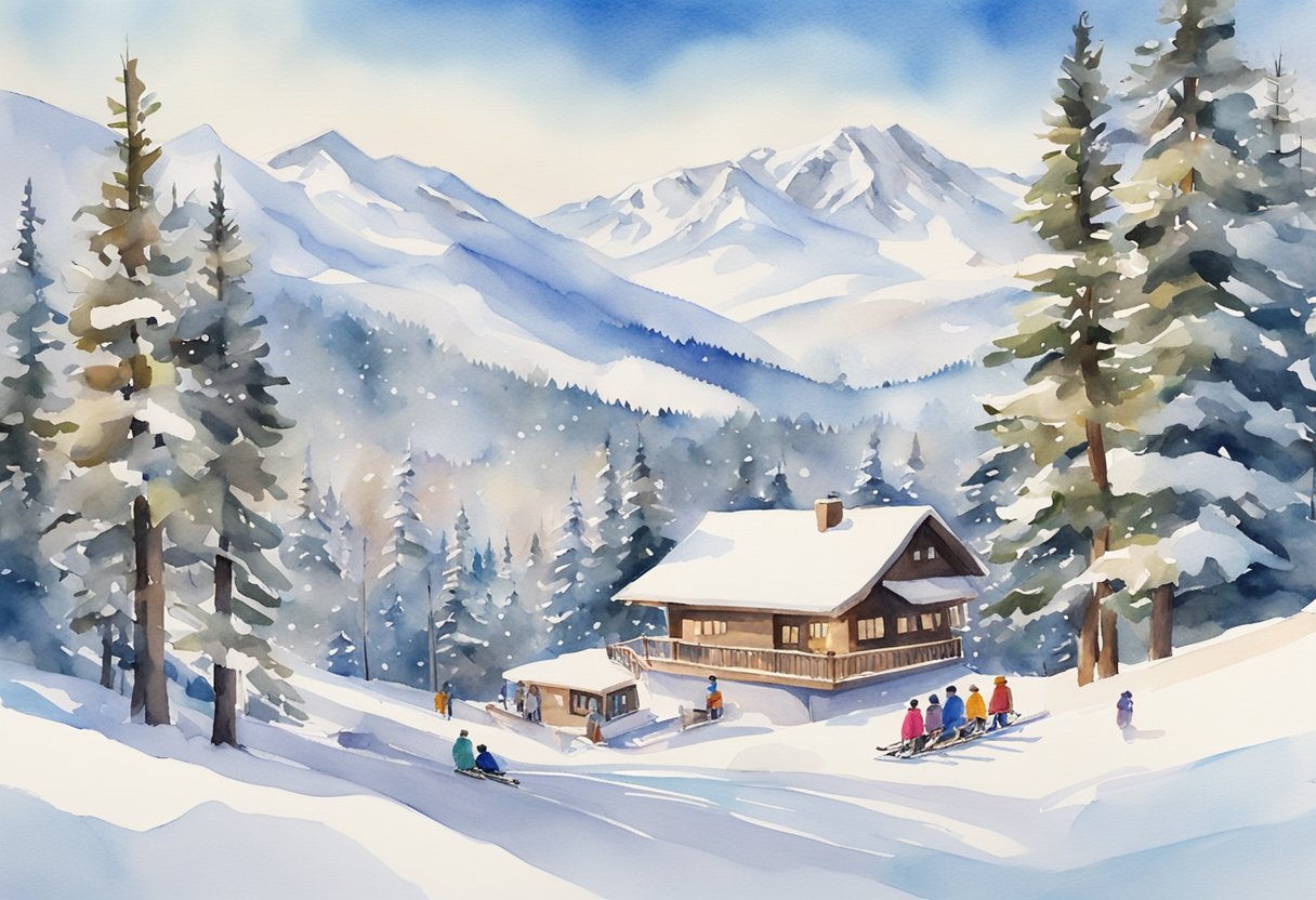 A snowy mountain slope with ski lifts, skiers, and instructors. A cozy lodge with a fire pit and hot cocoa. Snow-covered trees and a clear blue sky