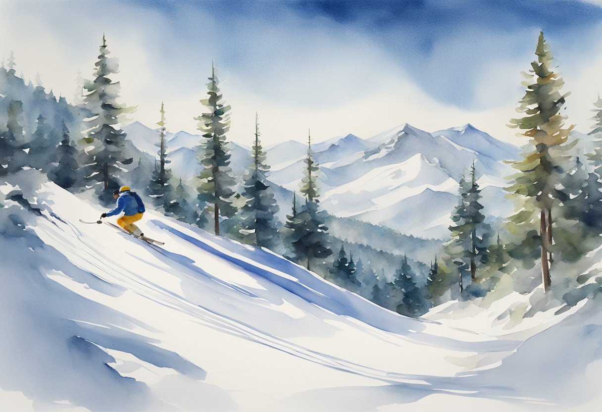 A snowy mountain slope with a skier making smooth turns, surrounded by pine trees and a clear blue sky