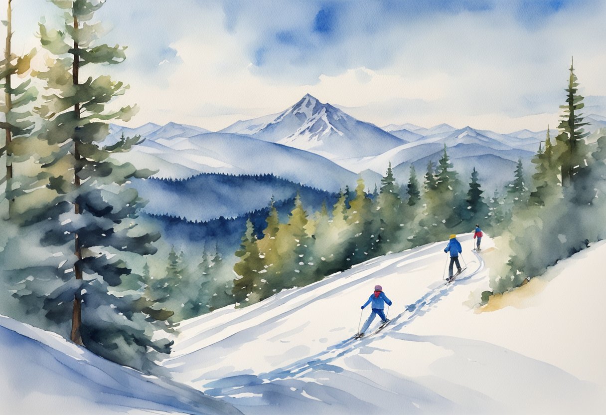 A snowy mountain slope with a winding trail, pine trees, and a bright blue sky. Skiers glide down the hill, some falling, others laughing