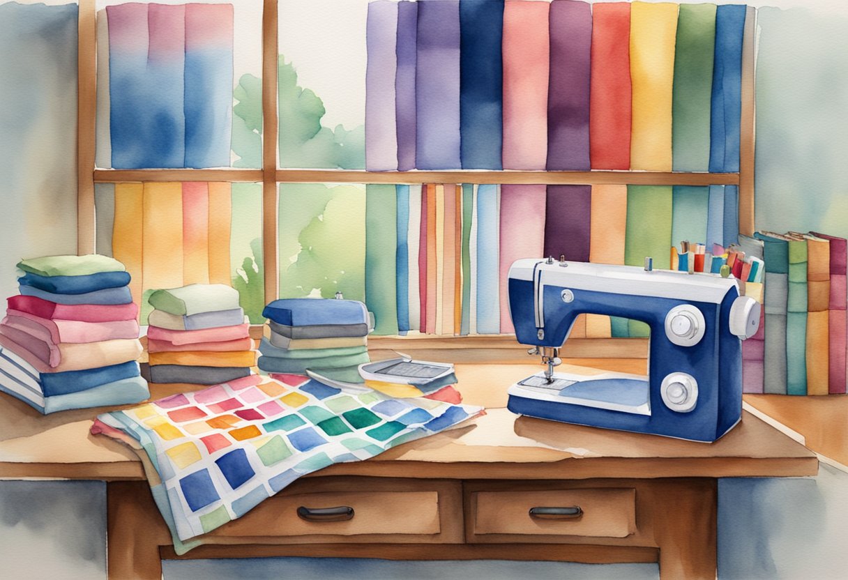 A cozy, well-lit room with a wooden table holding colorful fabric squares, a rotary cutter, and a ruler. A sewing machine sits nearby, surrounded by spools of thread and a stack of quilting books