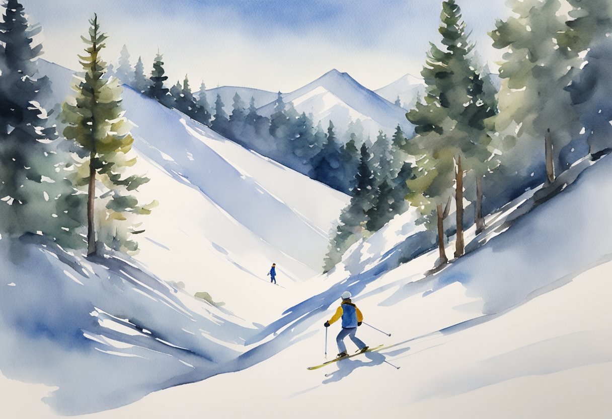 A snowy mountain slope with a gentle incline, surrounded by pine trees and a clear blue sky. A figure glides gracefully down the slope on skis, surrounded by a sense of tranquility and excitement