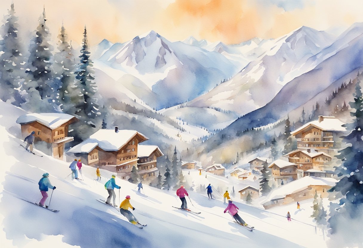 A snowy mountain landscape with skiers of various cultural backgrounds enjoying the slopes, with ski lifts and chalets in the background