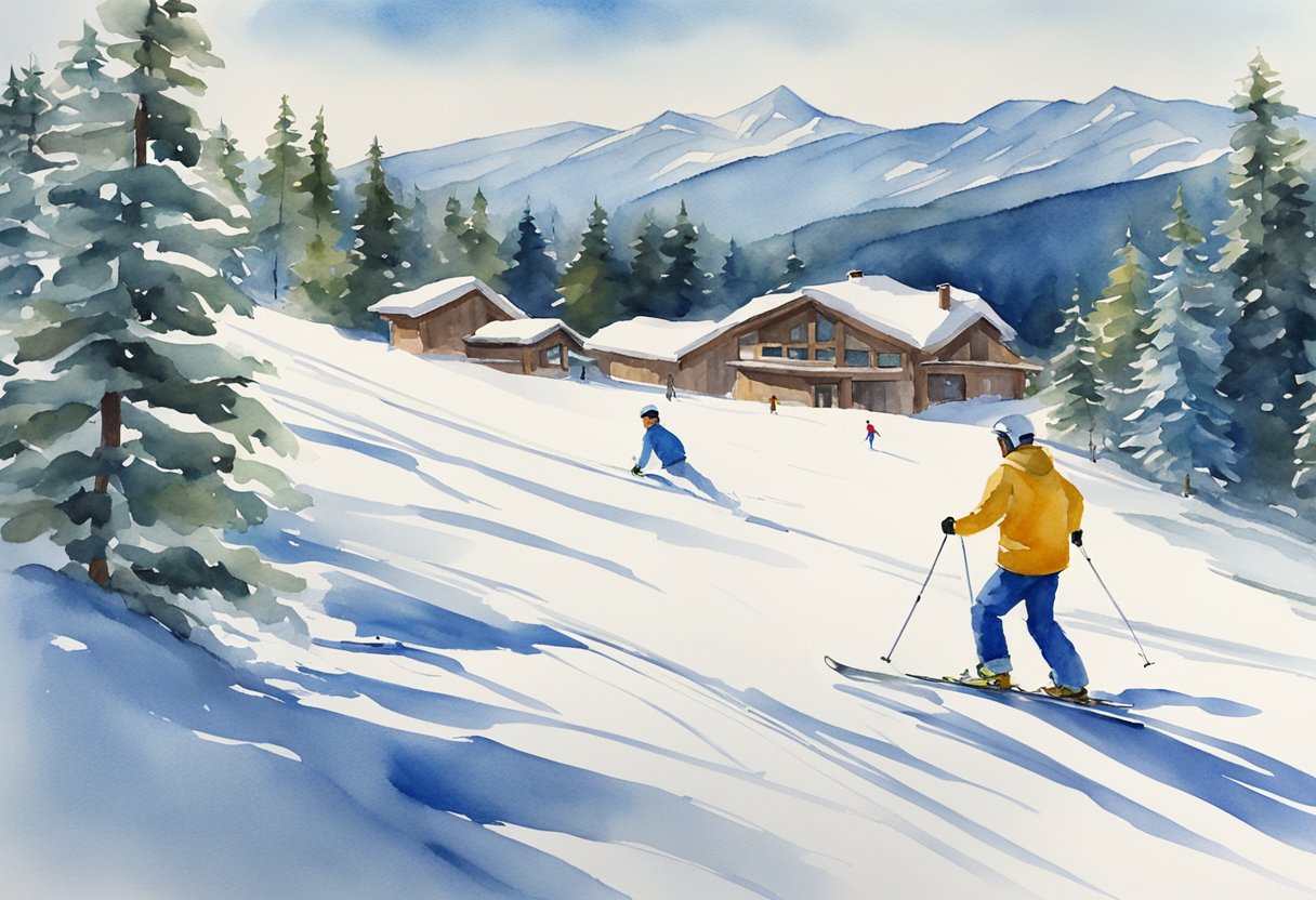 A snowy mountain slope with a ski lodge in the background, surrounded by pine trees and a clear blue sky. A beginner skier is seen taking a lesson from an instructor on the gentle slope