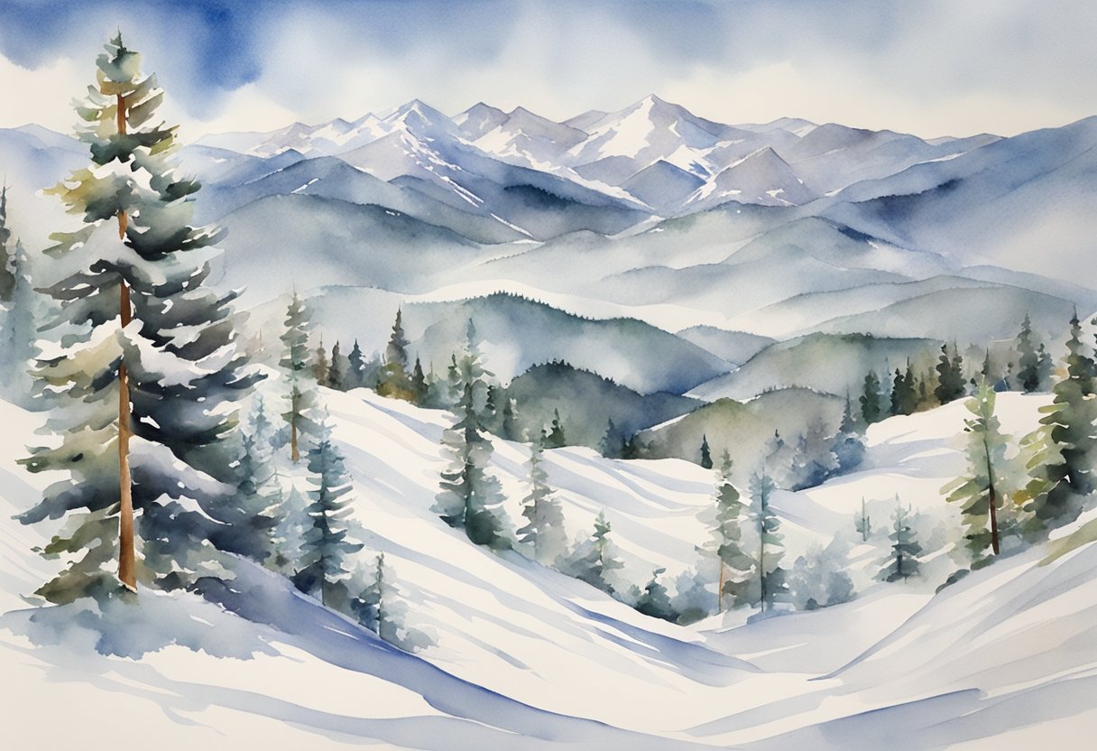 A snowy mountain slope with various types of snow, from powdery to packed, surrounded by pine trees and ski tracks