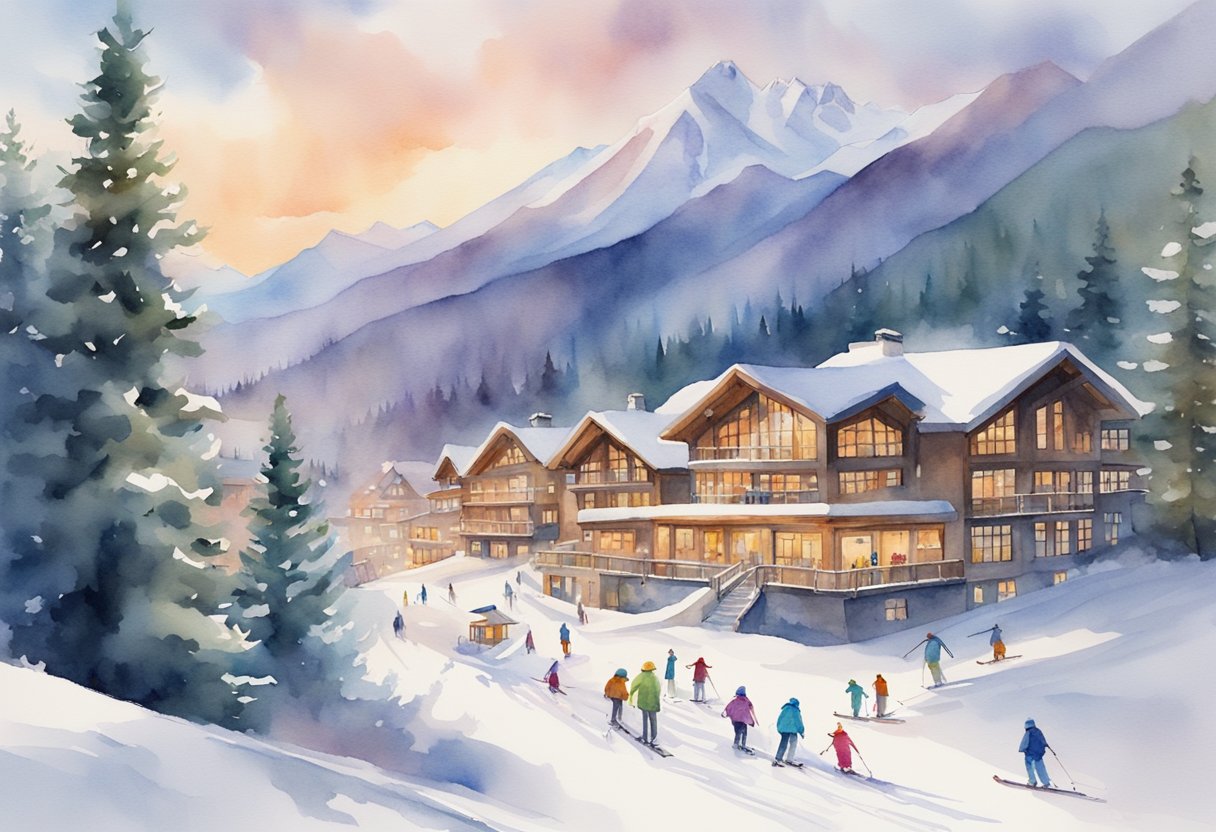 A colorful, inviting ski resort with snow-covered mountains, a cozy lodge, and skiers gliding down the slopes