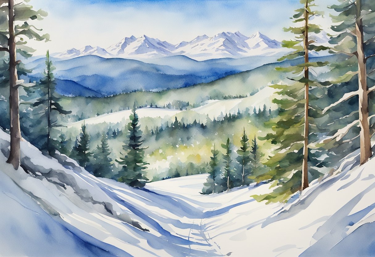 A snowy mountain slope with a winding ski trail leading through a forest of pine trees, with a bright blue sky and distant peaks in the background