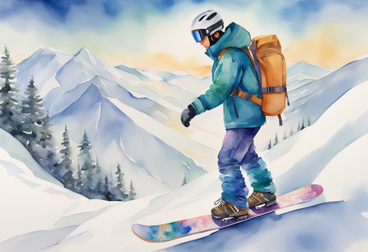 A snowboarder wearing a helmet, goggles, jacket, pants, gloves, and boots, standing on a snow-covered mountain with a snowboard strapped to their feet