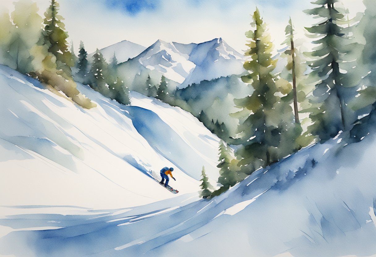 A snowy mountain slope with a person strapping into a snowboard, surrounded by pine trees and a clear blue sky