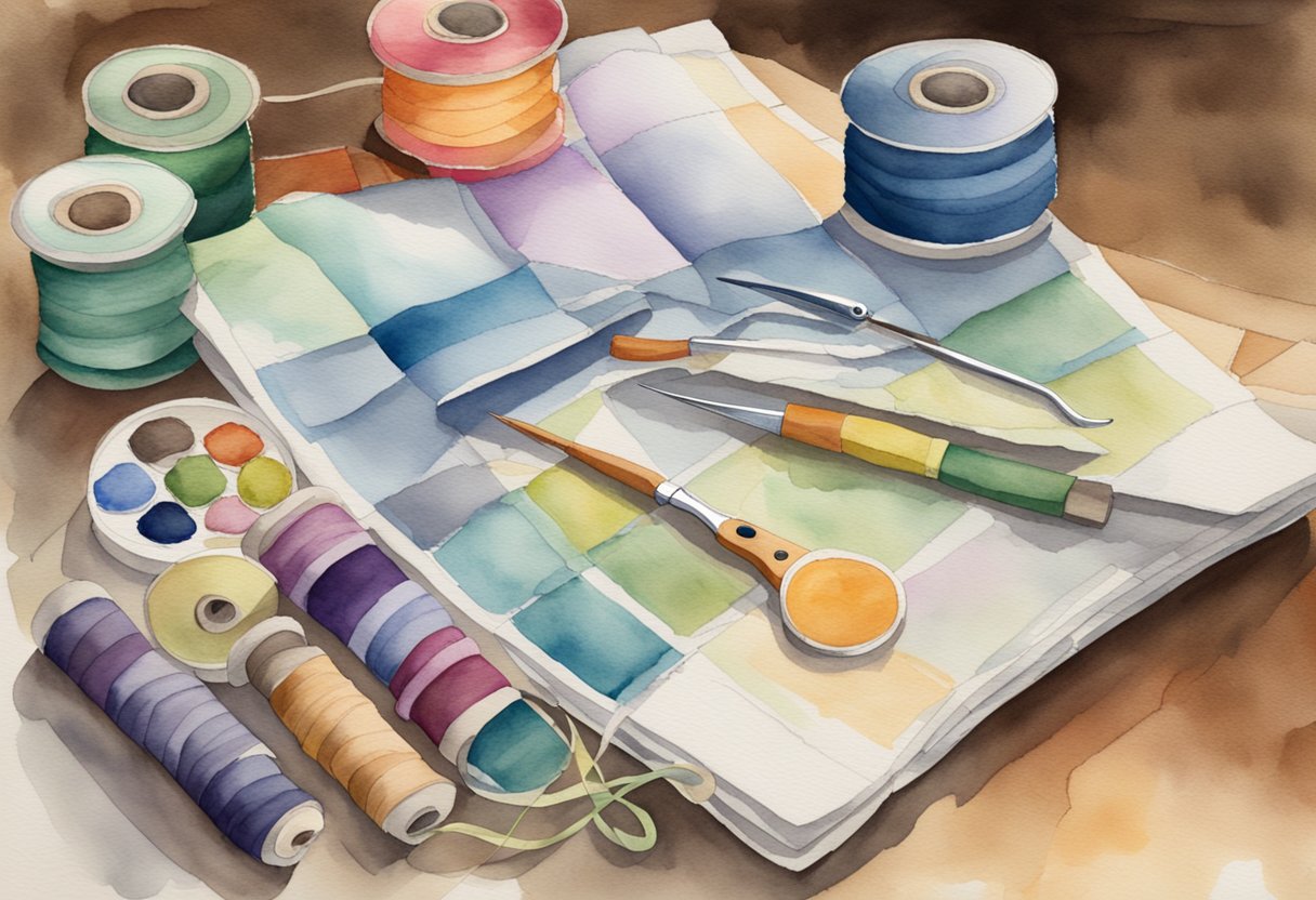 A table with fabric, thread, and quilting tools laid out, with a beginner's quilting guidebook open to a page titled "Selecting Your First Quilting Project."