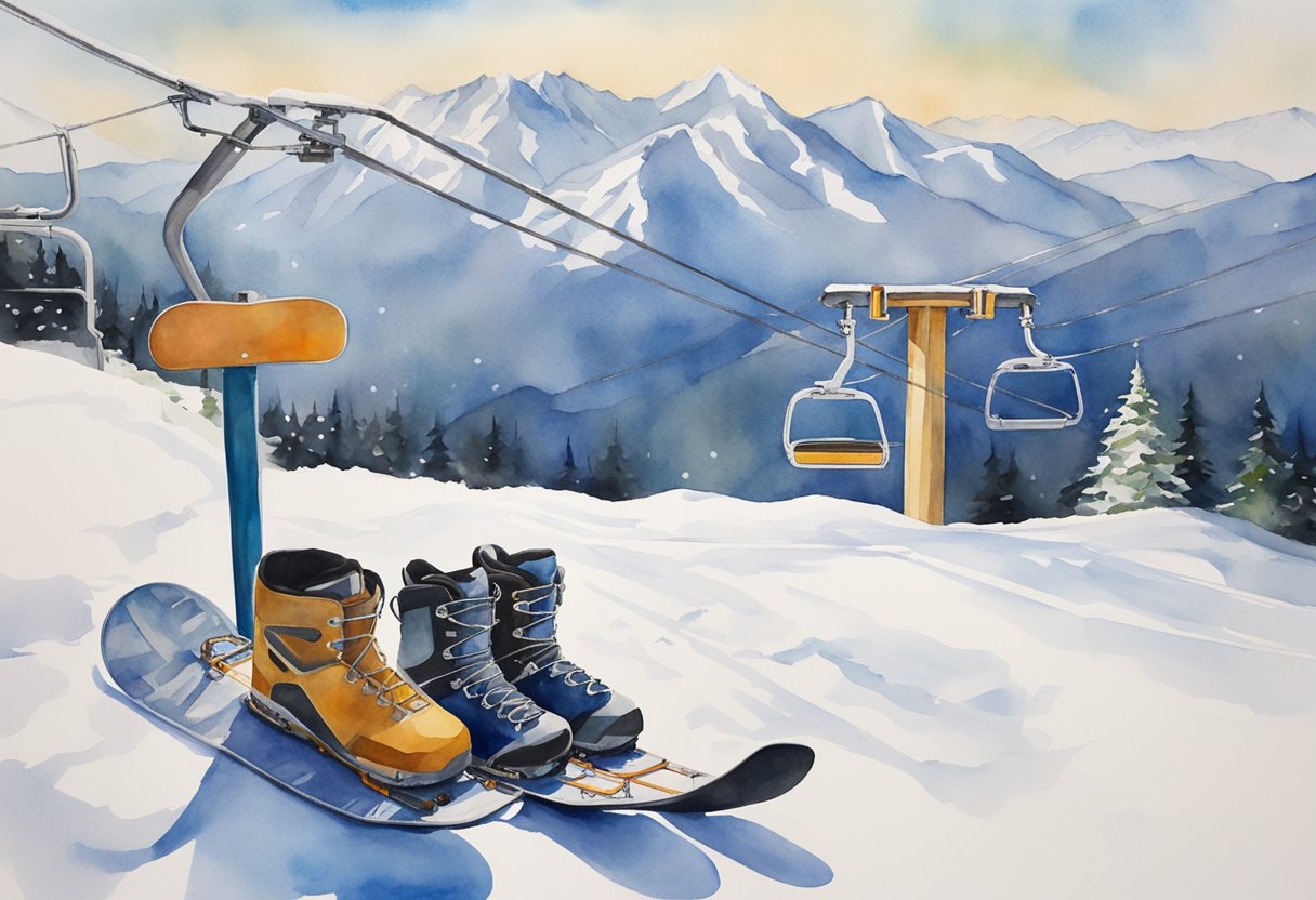 A snowboard, boots, helmet, goggles, and gloves laid out on the snow next to a chairlift with a mountain in the background