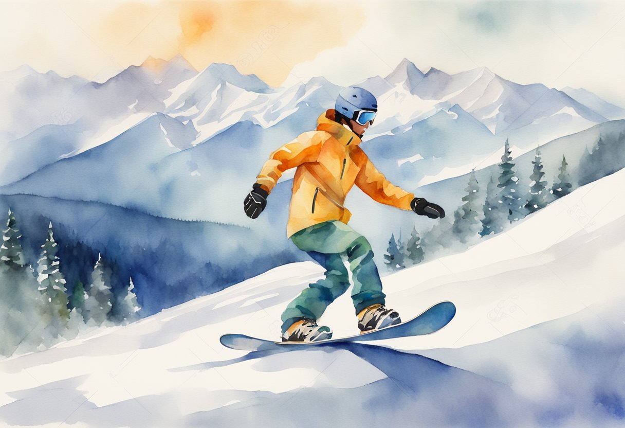 A snowboarder practicing basic moves on a gentle slope with snowy mountains in the background