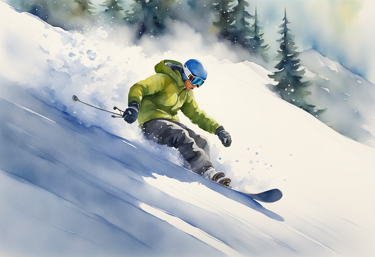 A snowboarder carving down a gentle slope, leaning into a turn with the snow spraying behind them