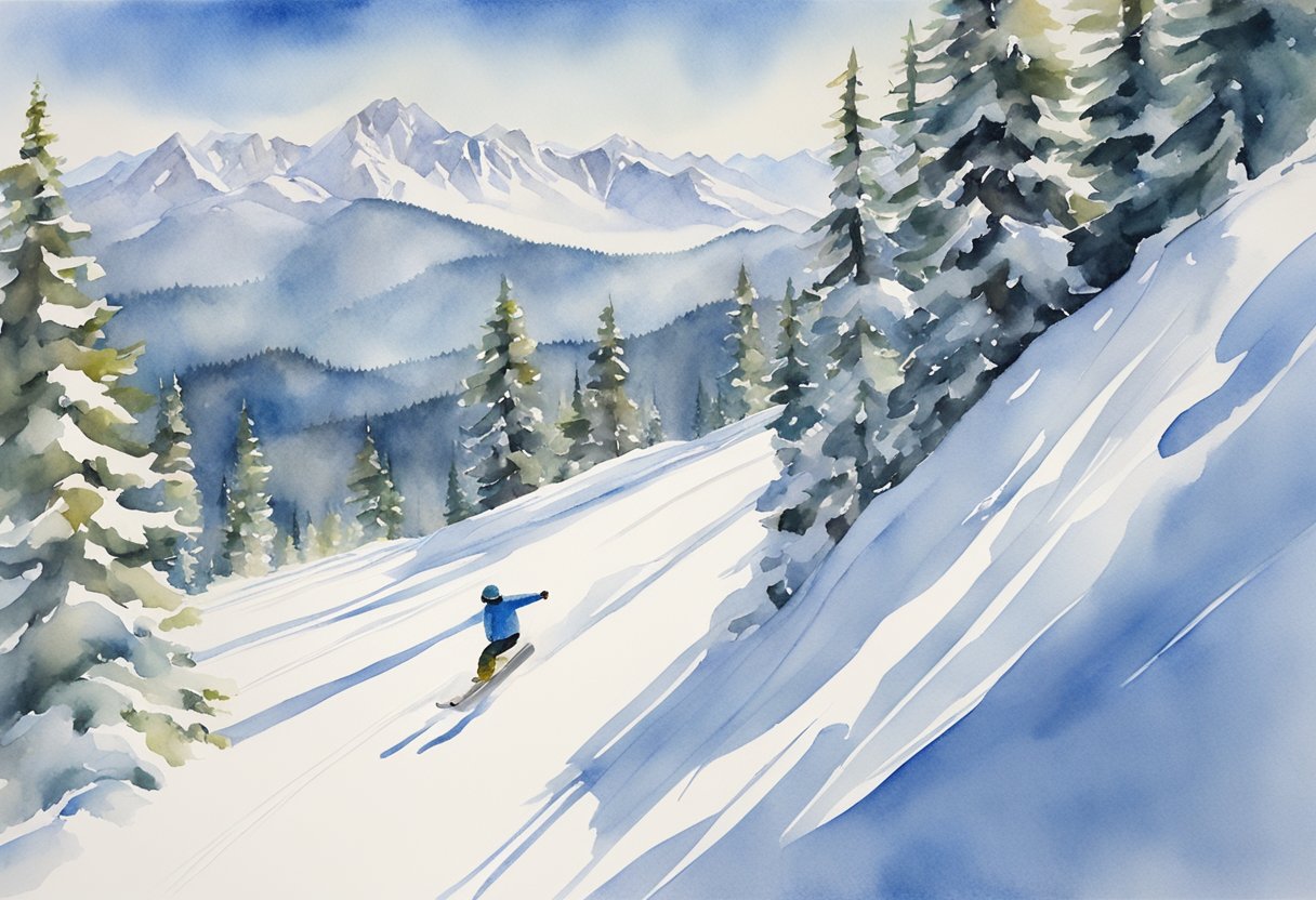 A snowboarder carving down a powdery slope, surrounded by snow-covered trees and mountains under a clear blue sky