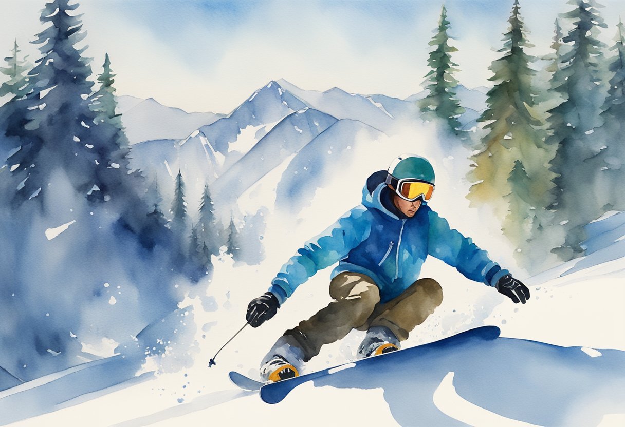 A snowboarder carving down a snowy mountain, with a backdrop of pine trees and a clear blue sky